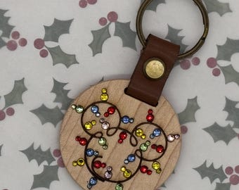 Christmas Lights Rhinestone Laser Engraved Wooden Keychain Round