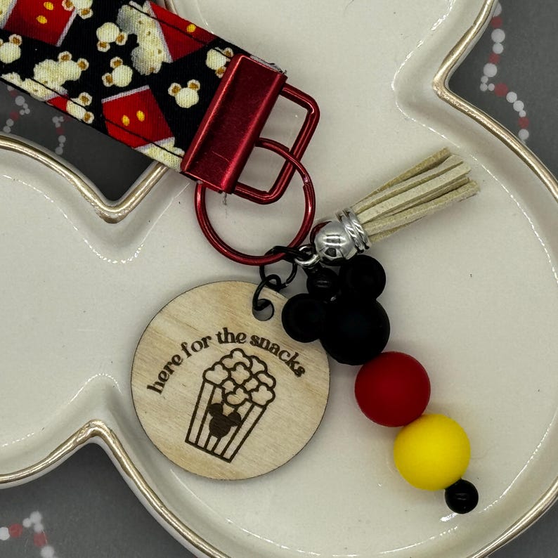 Here for the Snacks Popcorn Fabric Wristlet Key Fob, Tassel and Beaded