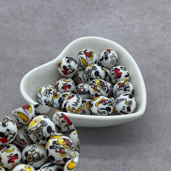 Mouse Couple Printed 15mm Silicone Beads, Round Silicone Bead, Wholesale beads