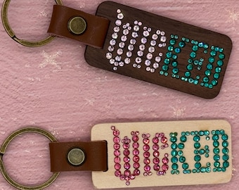 Musical Witches Rhinestone Laser Engraved Wooden Keychain Rectangular