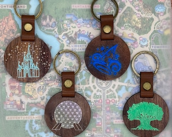 4 Parks Magic World Park Hopper Engraved Custom Wooden Keychain Round