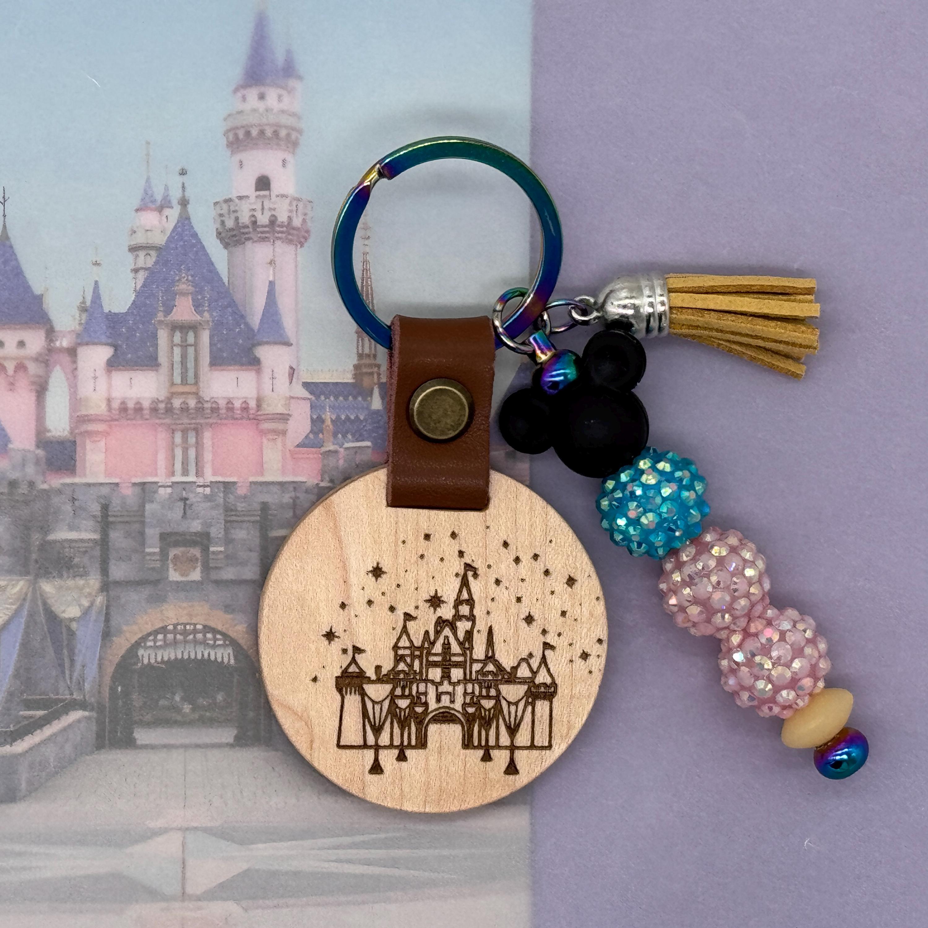 Magic Land Maple Wooden Keychain Round, Tassel, Rhinestone and Silicone Bead Accessories