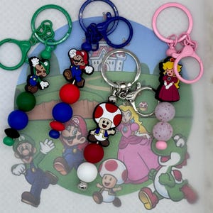 Gamer Italian Brothers, Mushroom, Princess Silicone Beaded Bar Keychain