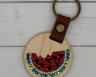 Watermelon Mouse Seeds Rhinestone Laser Engraved Wooden Keychain Round