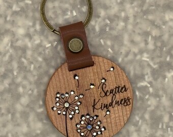 Scatter Kindness Dandelions Rhinestone Laser Engraved Wooden Keychain Round