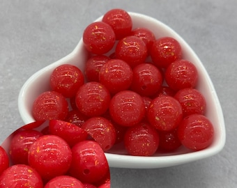 Red and Gold Confetti Glitter 15mm Glossy Silicone Beads, Round Silicone Bead, Wholesale beads