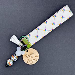 Quilted Mouse Rainbow Pride Fabric Wrist Key Fob, Wooden Charm, Tassel and Beaded Accessories