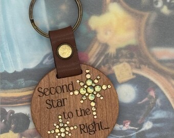 Second Star Rhinestone Laser Engraved Wooden Keychain Round