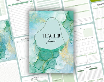 Puede incluir: Un planificador de profesor de color verde azulado y dorado con el texto "TEACHER planner" en letras negras. La portada presenta un diseño de estilo acuarela con formas abstractas y purpurina dorada.