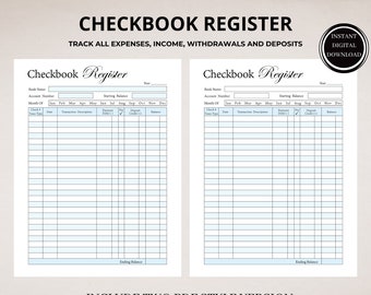 May include: A printable checkbook register template with two pages. The template has columns for date, transaction description, payment, deposit, and balance. The template is designed to help users track their expenses, income, withdrawals, and deposits.