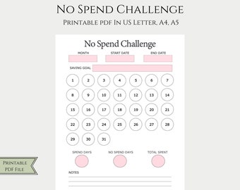 No Spend Challenge, Printable No Spend Tracker, No Spend Month, No Spend Days, Savings Tracker, Month Of No Spending, PDF A5/A4/US Letter