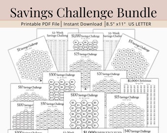 May include: A bundle of printable savings challenges, including 52-week, $1,000, and emergency fund challenges. The pages are white with black text and feature various savings goals and layouts. The text "Savings Challenge Bundle" is at the top.
