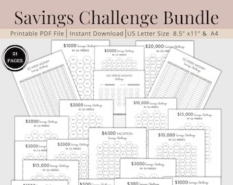 May include: A set of 21 printable savings challenge trackers in black and white. The trackers are designed to help you save money over a set period of time, such as 30 days, 26 weeks, or 52 weeks. The trackers feature different savings goals, such as $100, $300, $500, $1,000, $2,000, $3,000, $5,000, $10,000, $15,000, $20,000, and $6,500. The trackers are designed to be printed on 8.5 x 11 inch paper.