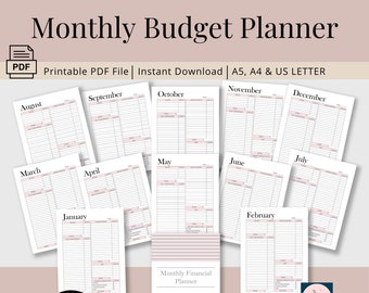 May include: A printable monthly budget planner with 12 pages, featuring a pink and white striped cover and a title that reads "Monthly Financial Planner".