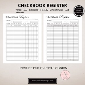 Printable Checkbook Register Template, Finance Log, Expense Tracker, Register, Instant Digital Download, Ledger, Budget Tracker