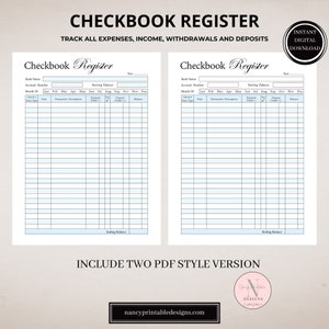 Op de afbeelding: Een afdrukbare chequeboekregister-sjabloon met twee pagina's. De sjabloon heeft kolommen voor datum, transactiebeschrijving, betaling, storting en saldo. De sjabloon is ontworpen om gebruikers te helpen hun uitgaven, inkomsten, opnames en stortingen bij te houden.