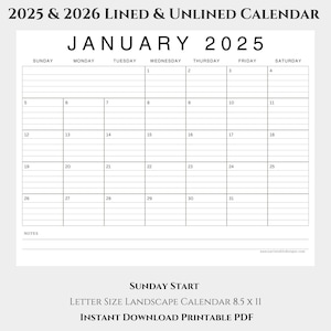 2025 2026年カレンダー（罫線入り・罫線なし）、1月～12月のメモ、月間レターサイズPDF印刷可能、日曜始まり横長レイアウト、PDFの即時ダウンロード