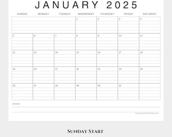 2025 2026 Calendar Lined and Unlined, Jan-Dec Notes, Monthly Letter Size PDF Printable, Sunday Start Landscape Layout, Instant PDF Download