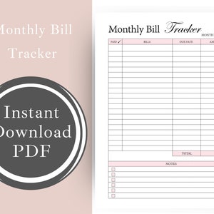 Monthly Bill Tracker, Printable Bill Planner, Bill Organizer Finance Tracker, Monthly Bills Expense Planner, Financial Tracker