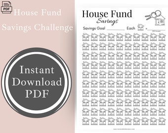 May include: A printable house fund savings challenge tracker. The tracker features a grid of 100 house icons. The text "House Fund Savings" is at the top of the page. The text "Savings Goal" and "Each" are at the top of the grid. The text "= (100 Houses)" is at the top right of the grid.