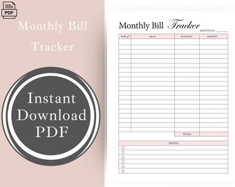 May include: Printable monthly bill tracker PDF. The page has a table with columns for paid, bills, due date, and amount. There is also a section for notes.