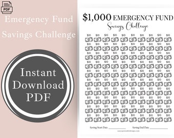 May include: Printable $1,000 Emergency Fund Savings Challenge tracker. The tracker is a black and white design with 100 individual $10 bills to color in as you save. The tracker includes a space to write in the start and end dates of your savings challenge.