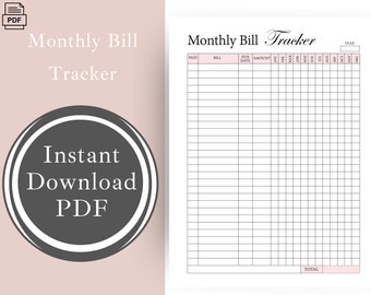 May include: A printable monthly bill tracker with a black and white design. The tracker includes columns for paid, bill, due date, amount, and each month of the year. The word "TOTAL" is at the bottom of the page.