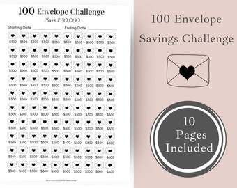May include: A printable 100 envelope savings challenge chart. The chart is black and white and features a series of envelopes with hearts inside. The chart is designed to help people save money. The text on the chart reads "100 Envelope Challenge" and "Save $30,000".