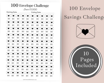May include: A printable 100 Envelope Challenge savings tracker. The black and white design features a grid of envelopes with hearts, each labeled with "$10". The text reads "Save $1,000" and "10 Pages Included".