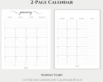 May include: A two-page 2026 calendar with lined and unlined sections. The left page displays the month of January, while the right page shows the remaining days. The calendar is a letter-size landscape format, with the text "Sunday Start" and "Instant Download Printable PDF".