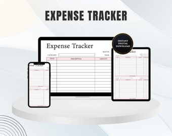 May include: A digital printable expense tracker template for budgeting and tracking expenses. The template is shown on a laptop, tablet, and smartphone screen. The template includes columns for category, date, description, and amount.