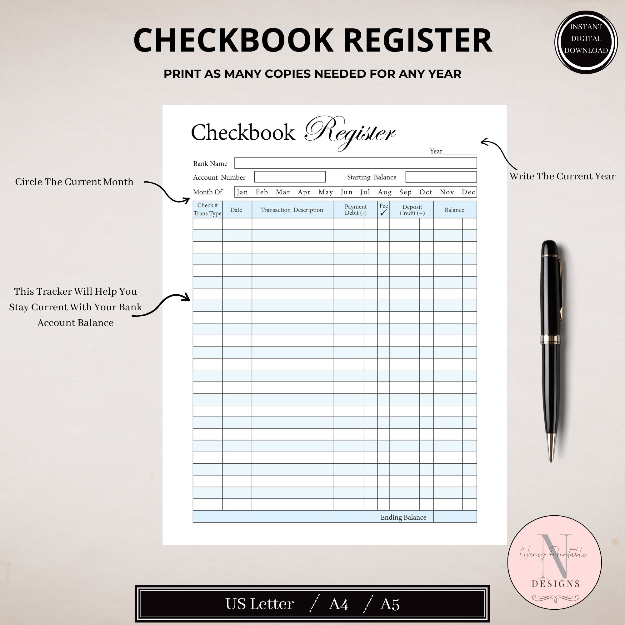 Printable Checkbook Register Template, Finance Log, Expense Tracker ...