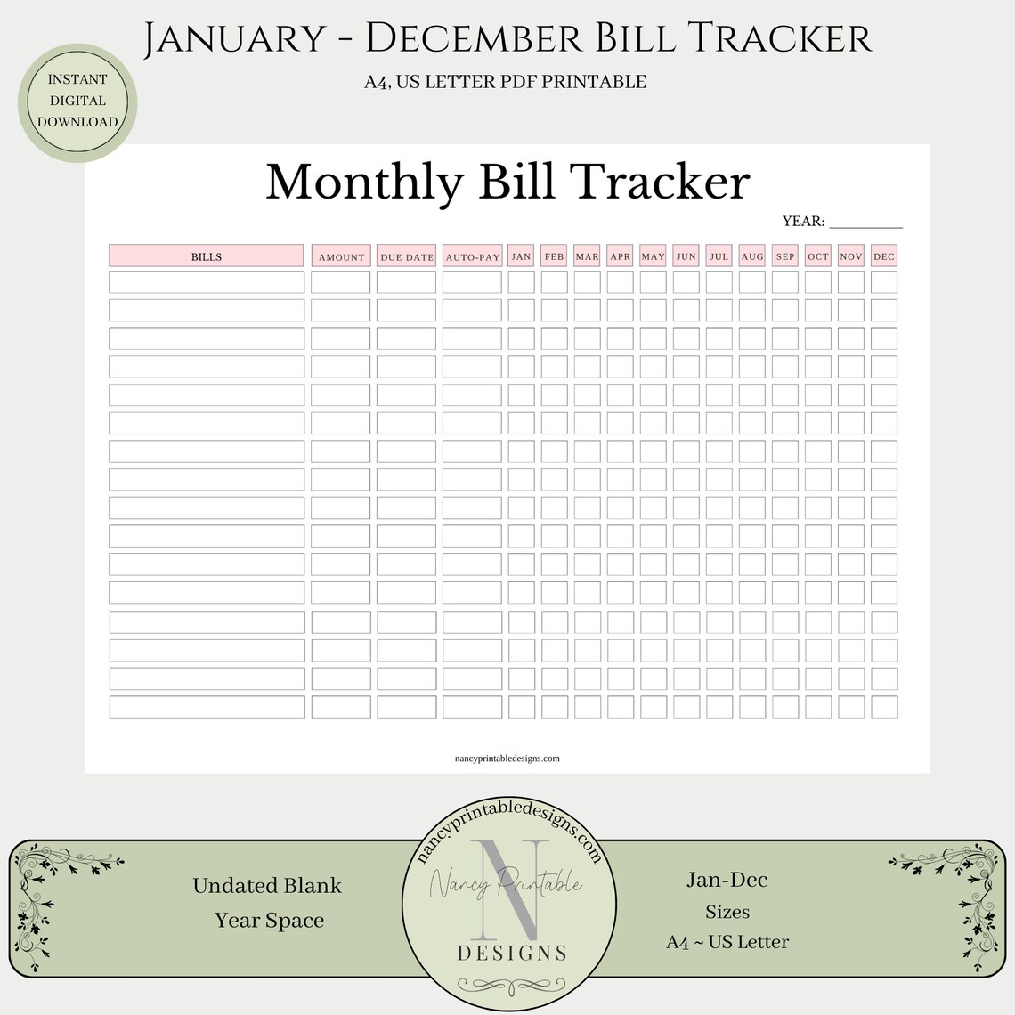 Monthly Bill Tracker, Printable Bill Pay Tracker, Yearly Bill Pay ...