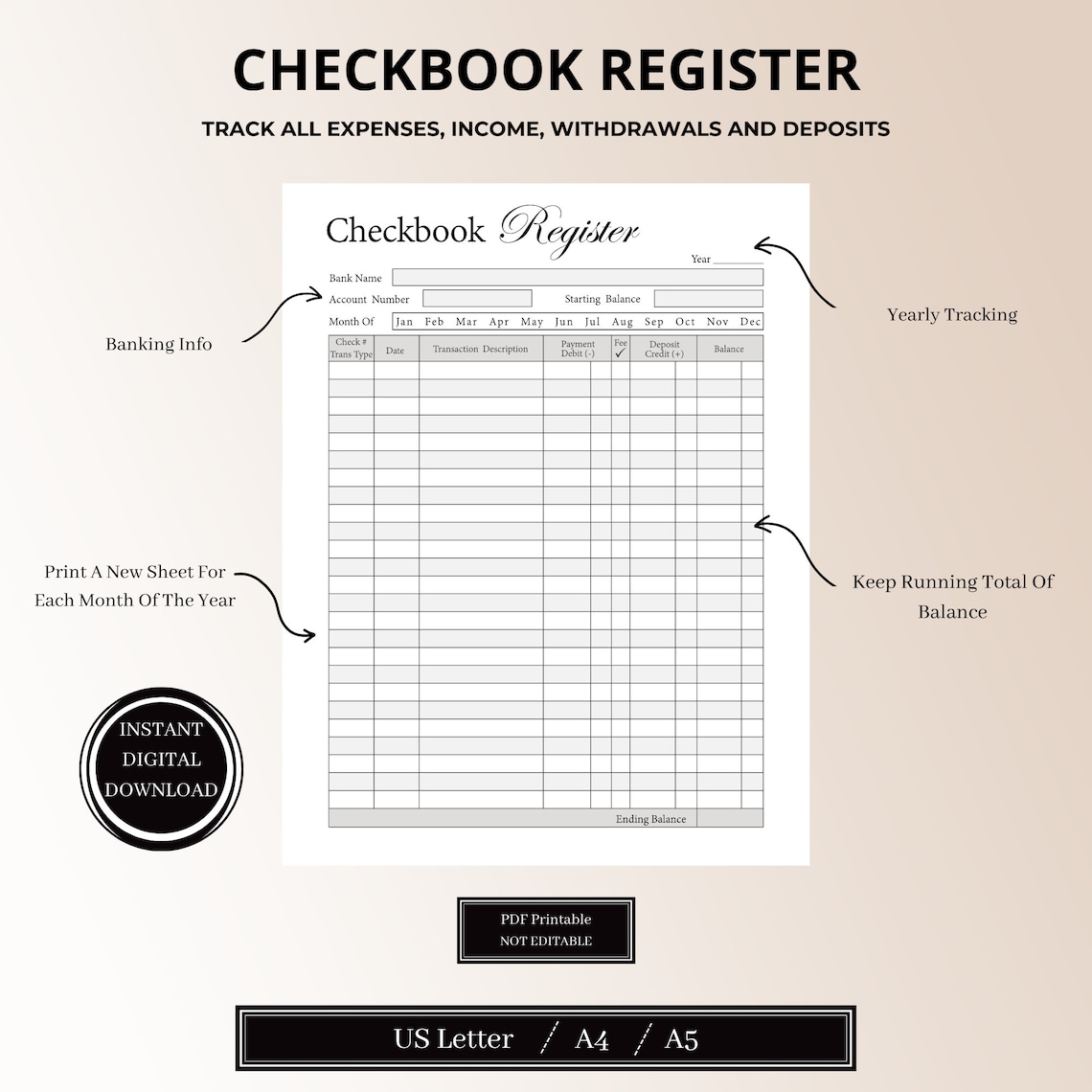 Financial Printable Register Printable Checkbook Register Template, Finance Log, Expense Tracker ...