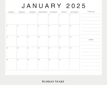 May include: A minimalist 2025 January calendar in black and white. The calendar features a Sunday start, with a to-do list and notes section on the right. The text "2025 Calendar" and "January 2025" are at the top.