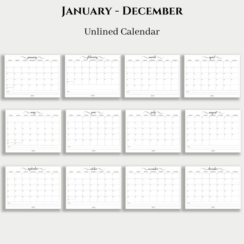 2026 & 2027 Calendar Lined and Unlined Sunday Start Landscape Layout, Jan-Dec Notes, Monthly Letter Size PDF Printable, Instant PDF Download image 7