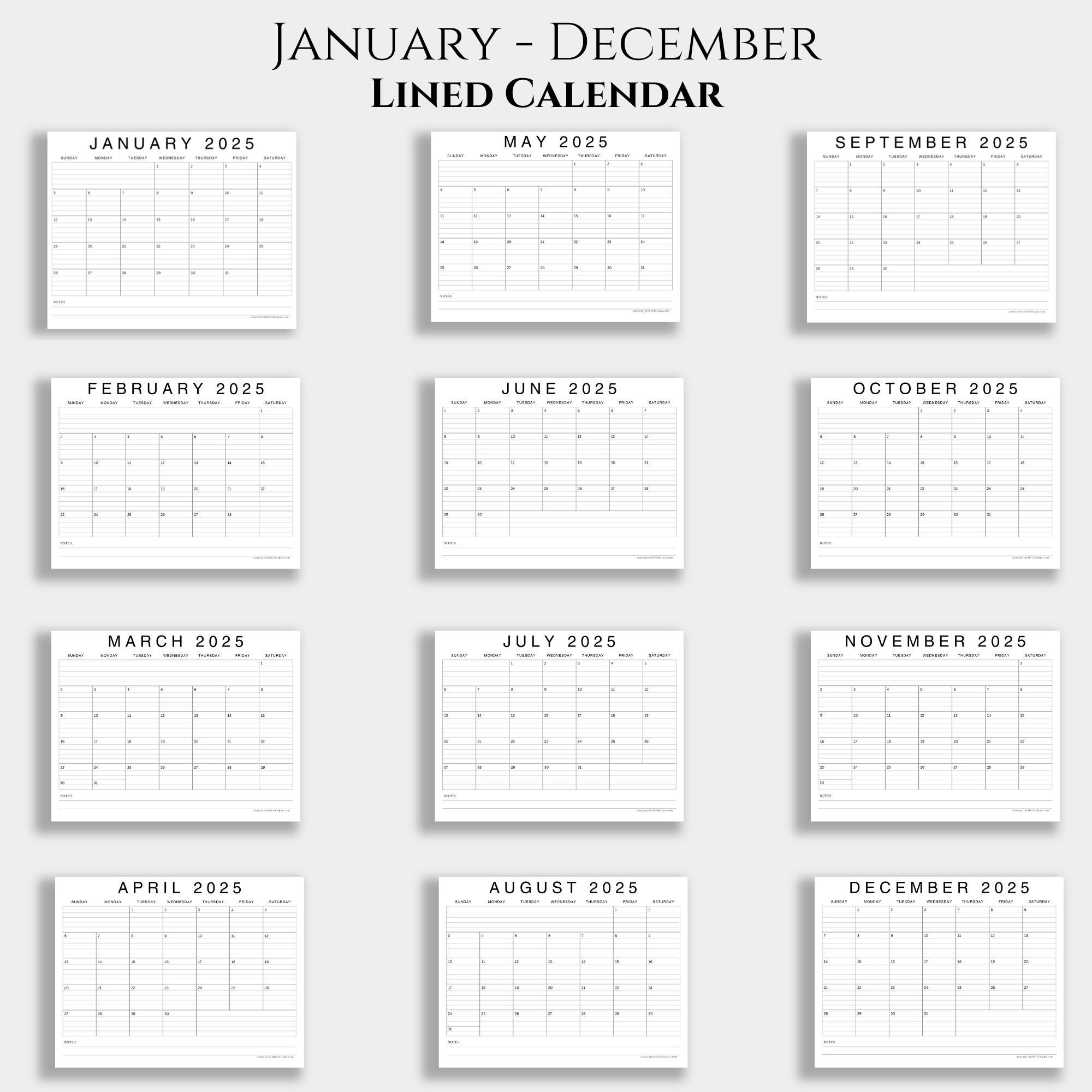 2025 2026 Calendar Lined and Unlined, Jan-dec Notes, Monthly Letter ...