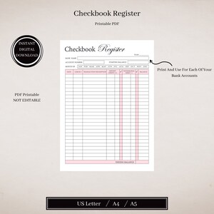 Printable Checkbook Register Transaction Tracker Printable - Etsy