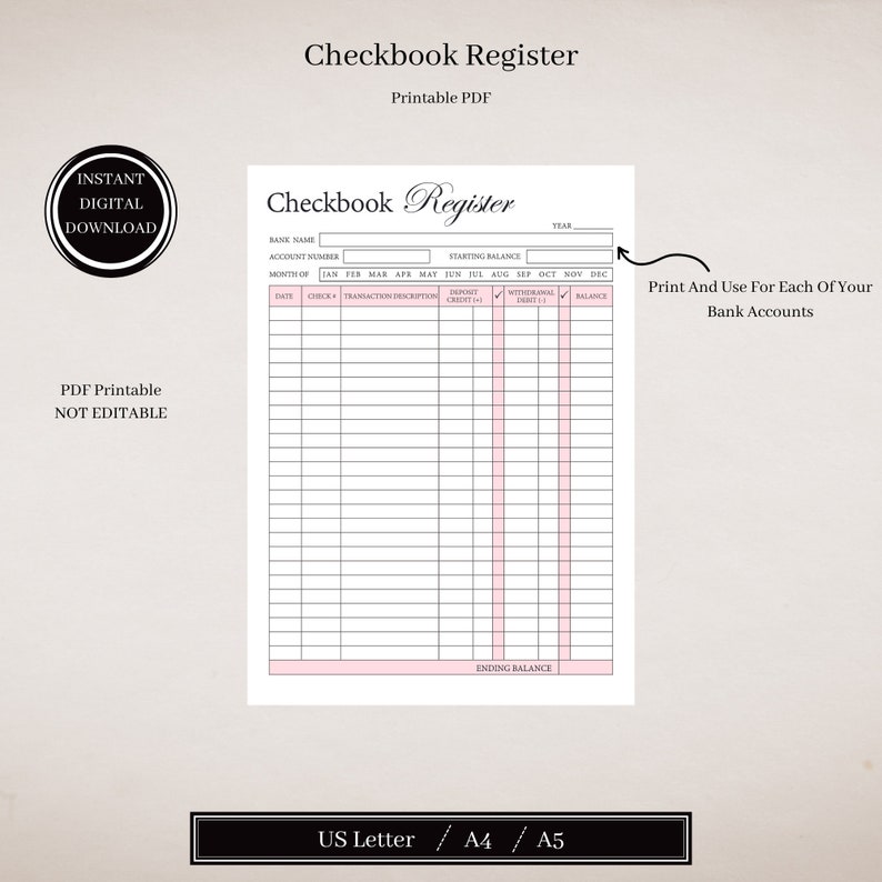 Printable Checkbook Register Transaction Tracker Printable Etsy