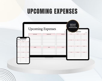 May include: A digital planner titled "Upcoming Expenses" displayed on a laptop, tablet, and smartphone. The planner features a monthly layout with pink accents and the text "Upcoming Expenses." A circular badge reads "Instant Digital Download."
