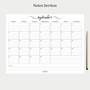 2026 & 2027 Calendar Lined and Unlined Sunday Start Landscape Layout, Jan-Dec Notes, Monthly Letter Size PDF Printable, Instant PDF Download image 8