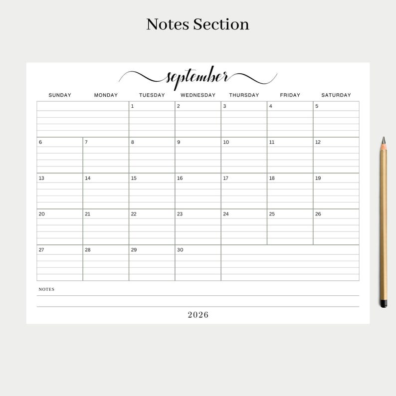 2026 & 2027 Calendar Lined and Unlined Sunday Start Landscape Layout, Jan-Dec Notes, Monthly Letter Size PDF Printable, Instant PDF Download image 8