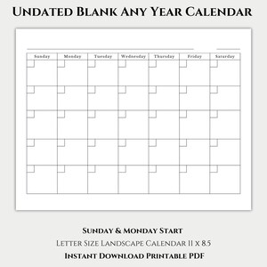 Printable Undated Blank PDF Calendar, Any Year Monthly Calendar, Sunday & Monday Start, Minimalist Landscape Layout, Instant Download