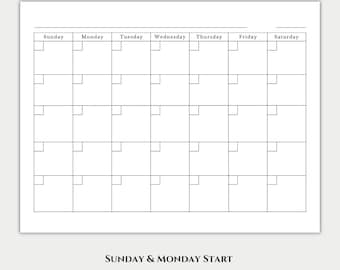 Calendario imprimible en PDF sin fecha, calendario mensual para cualquier año, inicio en domingo y lunes, diseño minimalista horizontal, descarga instantánea.