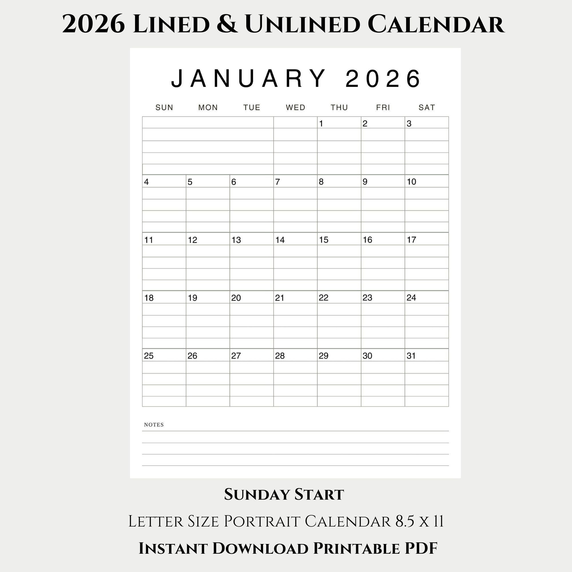 2026 Calendar Lined and Unlined Sunday Start Portrait Layout, Jan-dec ...