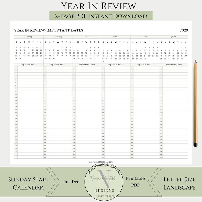 Year in Review Printable Yearly Calendar, Appointment Schedule Planner
