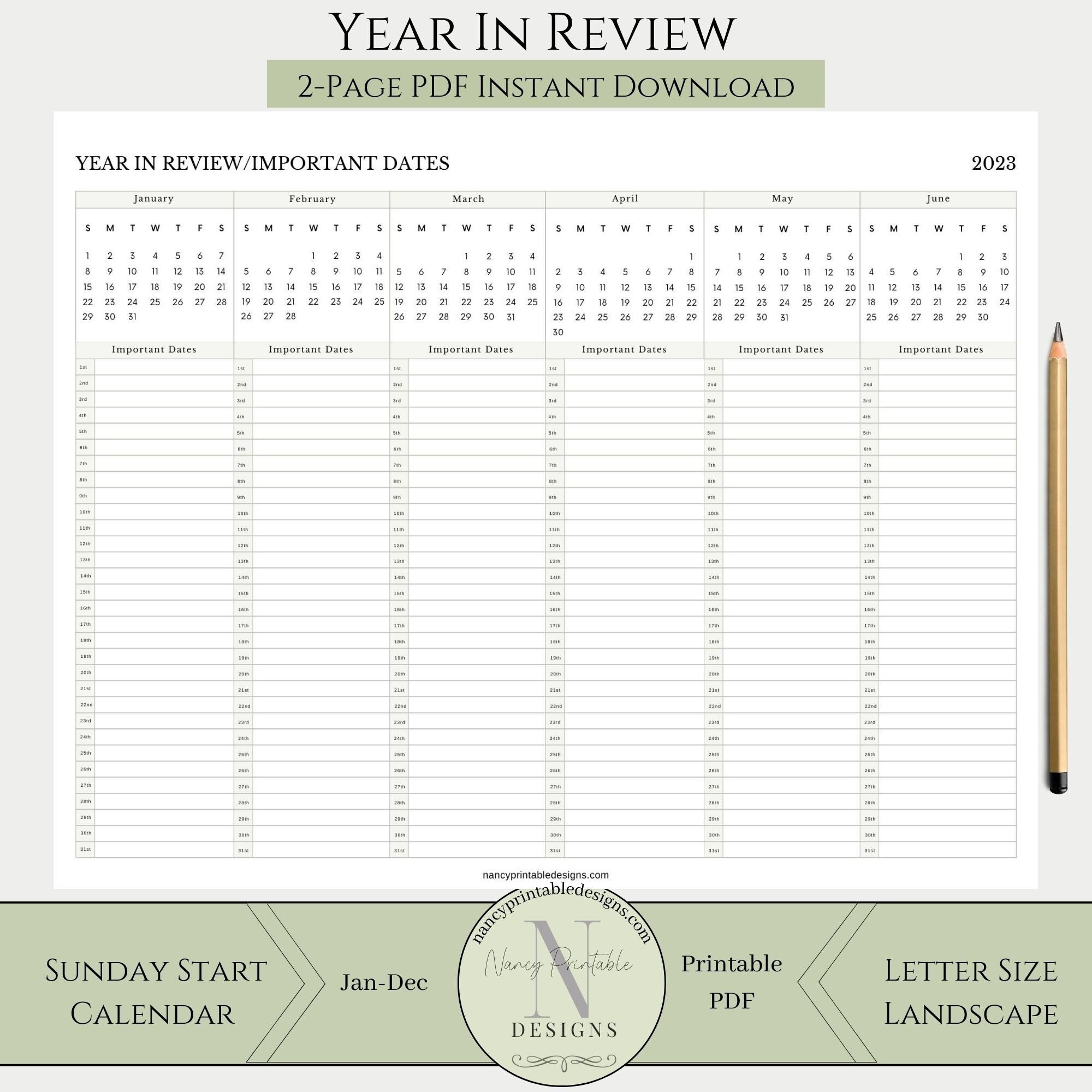 Year in Review Printable Yearly Calendar, Appointment Schedule Planner, Important Dates Minimalist Digital Calendar - Etsy