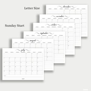 May include: A stack of undated, letter-size monthly calendar pages with a Sunday start. Each page displays a month's name in elegant script, with the months of July, August, September, October, November, and December visible. The year 2027 is at the bottom.
