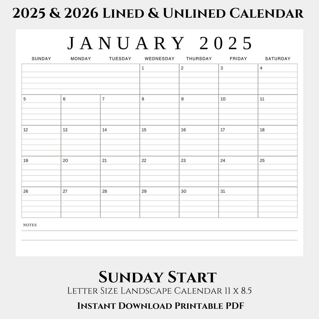 2025 2026 Calendar Lined and Unlined, Sunday Start Landscaped Layout ...