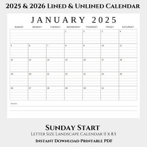 2025 2026 Calendar Lined and Unlined, Sunday Start Landscaped Layout, Jan-Dec Notes, Monthly Letter Size PDF Printable, Instant PDF Download